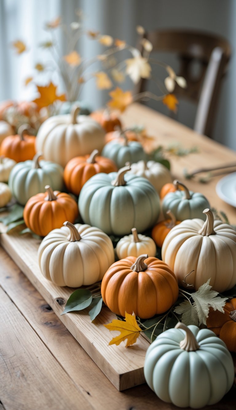 A rustic wooden centerpiece with 21 small pumpkins arranged on a wooden table with autumn leaves and greenery.